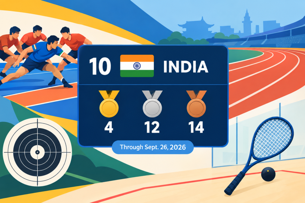 Illustrated medal scoreboard showing India in 10th place with four gold, 12 silver and 14 bronze medals through September 26, 2026, alongside sports symbols.
