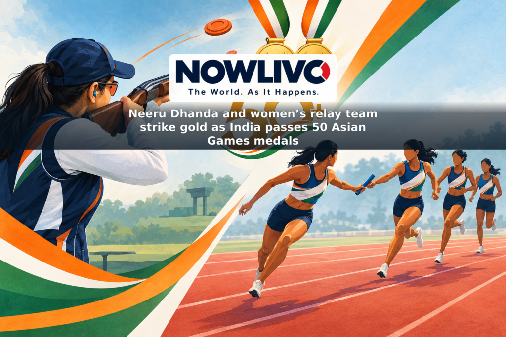 Conceptual illustration of trap shooting and a women’s relay race with gold medal motifs and a 50-plus milestone graphic.