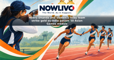 Conceptual illustration of trap shooting and a women’s relay race with gold medal motifs and a 50-plus milestone graphic.