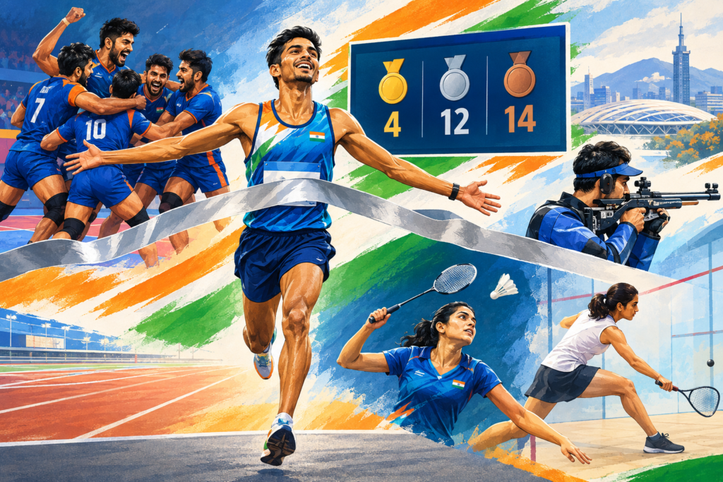 Illustration of an Indian marathon runner, kabaddi teams and other athletes representing India’s September 26 Asian Games results.