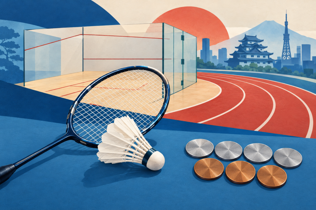 Conceptual illustration combining badminton, squash and athletics motifs with four silver and three bronze medal symbols.