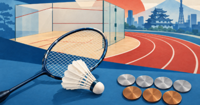 Conceptual illustration combining badminton, squash and athletics motifs with four silver and three bronze medal symbols.