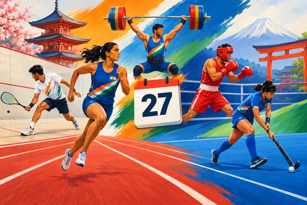 Conceptual illustration of Indian athletes competing in squash, athletics, weightlifting, boxing and hockey beside a September 27 calendar tile.