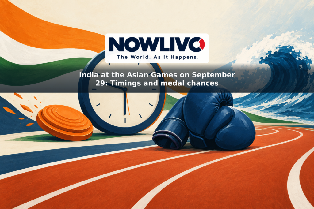 Illustration of a clock surrounded by athletics lanes, a clay target, boxing gloves and a wave, representing India’s Asian Games schedule.