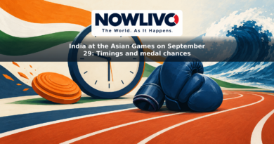 Illustration of a clock surrounded by athletics lanes, a clay target, boxing gloves and a wave, representing India’s Asian Games schedule.