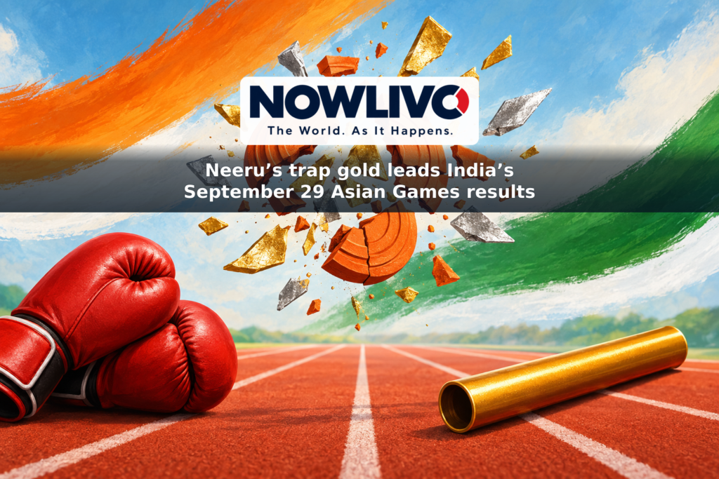Illustration of a broken clay target, athletics track, boxing gloves and relay baton symbolizing India’s September 29 Asian Games results.