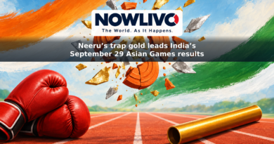 Illustration of a broken clay target, athletics track, boxing gloves and relay baton symbolizing India’s September 29 Asian Games results.
