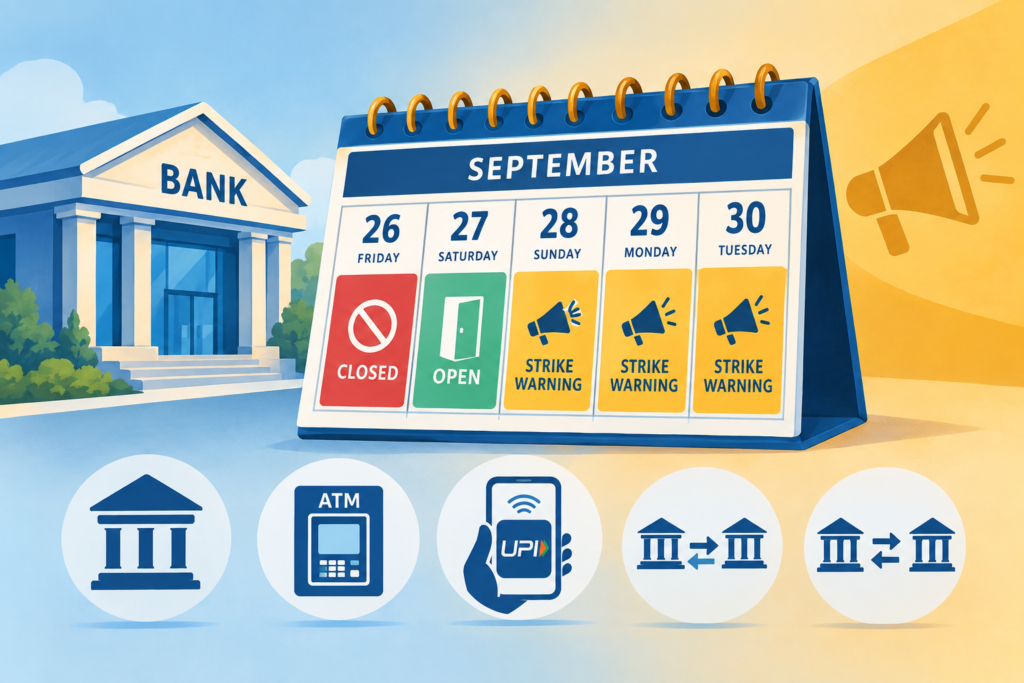 Illustration of a banking calendar showing the September 26 closure, September 27 opening and possible strike disruption from September 28 to 30, with digital payment icons.
