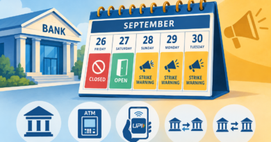 Illustration of a banking calendar showing the September 26 closure, September 27 opening and possible strike disruption from September 28 to 30, with digital payment icons.