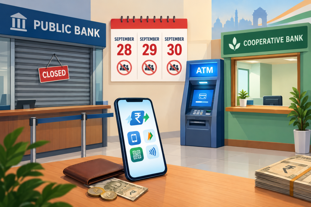 Illustration showing a closed bank counter for September 28 to 30 alongside an operating ATM, digital banking phone and open cooperative bank.