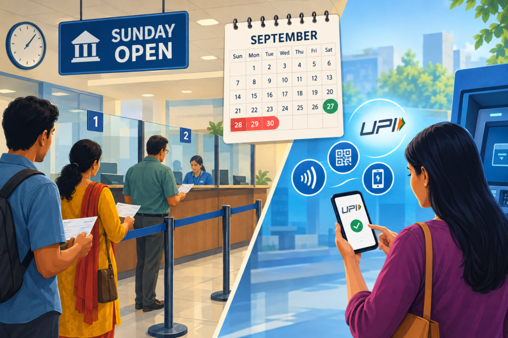 Illustration of a bank opening on Sunday, September 27, as customers prepare cash, cheques and digital payments before a three-day strike.