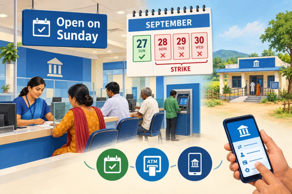 Illustration of bank customers visiting an open branch on September 27 before a proposed three-day strike.