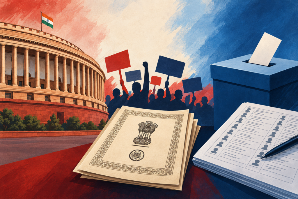 Conceptual illustration showing Parliament, a ballot box, electoral rolls and protest placards representing the dispute over the chief election commissioner.