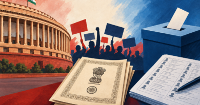 Conceptual illustration showing Parliament, a ballot box, electoral rolls and protest placards representing the dispute over the chief election commissioner.