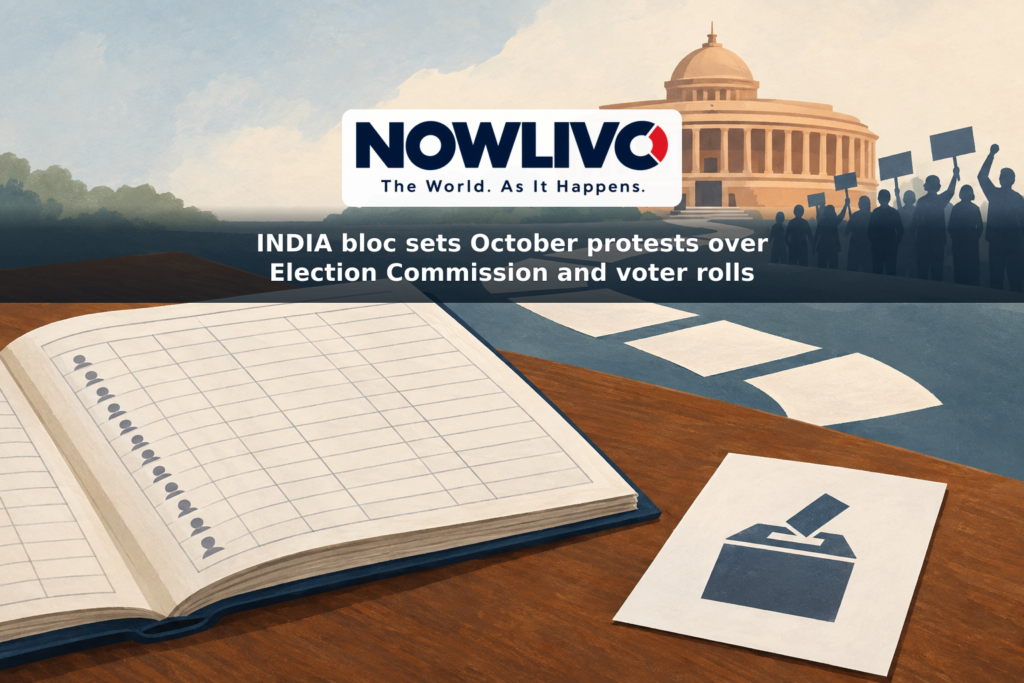 Conceptual illustration of an electoral-roll ledger, ballot icon and distant protest silhouettes near a civic building.