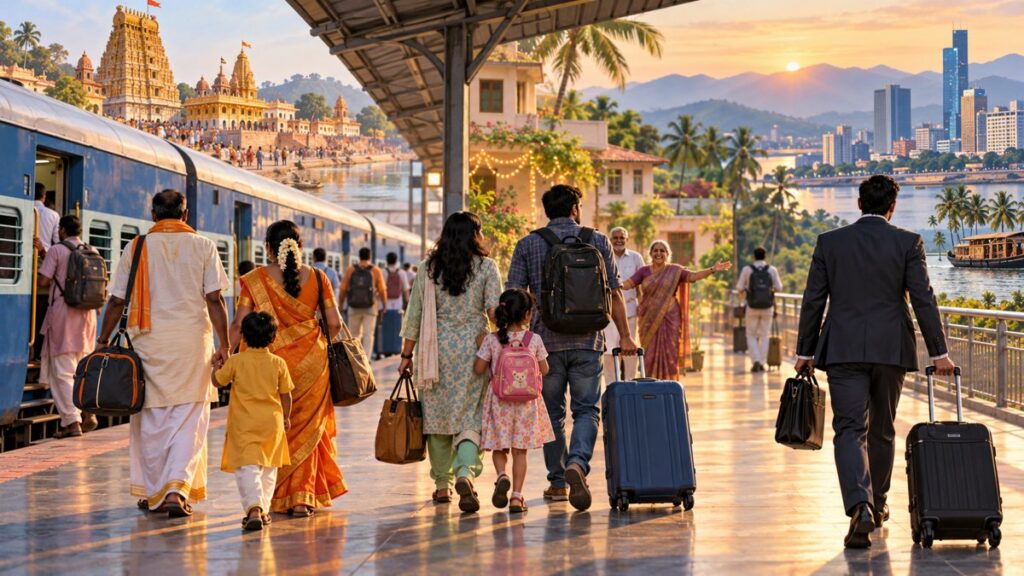 Editorial illustration of Indian travelers on a railway platform representing pilgrimage, family visits and business trips