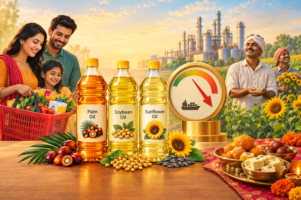 Illustration showing lower customs duties on palm, soybean and sunflower oils alongside a grocery basket, refinery and oilseed farmer.