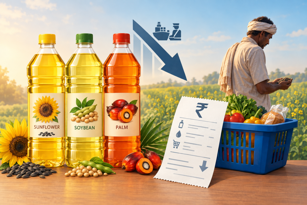 Illustration showing sunflower, soybean and palm oil beside a falling import-duty arrow, with a shopping basket and an oilseed farmer representing the policy’s mixed effects.