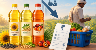 Illustration showing sunflower, soybean and palm oil beside a falling import-duty arrow, with a shopping basket and an oilseed farmer representing the policy’s mixed effects.