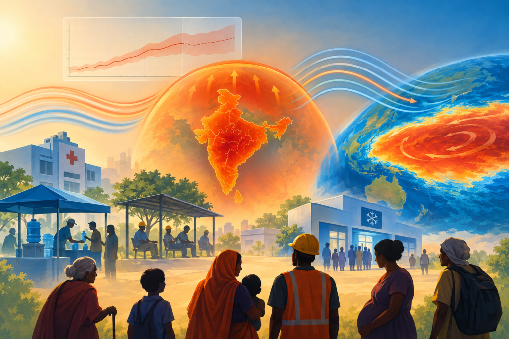 Conceptual illustration of an El Niño heat pattern over India with a forecast uncertainty graph and public-health protection symbols.