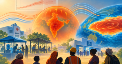 Conceptual illustration of an El Niño heat pattern over India with a forecast uncertainty graph and public-health protection symbols.