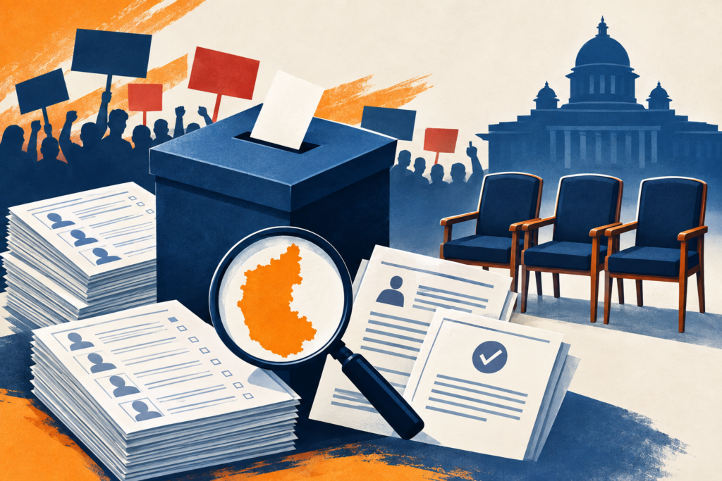 Conceptual illustration of a ballot box, voter-roll notices, protest signs and a Karnataka map representing the Election Commission dispute.