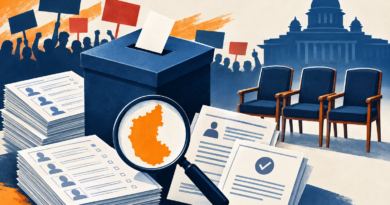 Conceptual illustration of a ballot box, voter-roll notices, protest signs and a Karnataka map representing the Election Commission dispute.