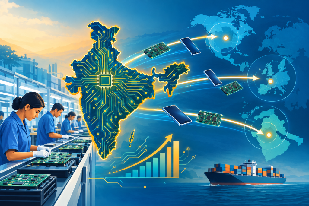 Illustration of smartphones and circuit boards moving from Indian factories along export routes to international markets.