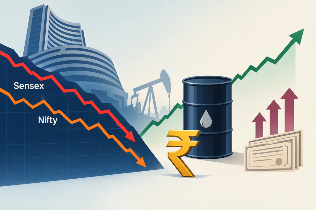 Illustration of falling Indian stock-market lines alongside rising oil and bond-yield symbols.