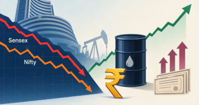 Illustration of falling Indian stock-market lines alongside rising oil and bond-yield symbols.