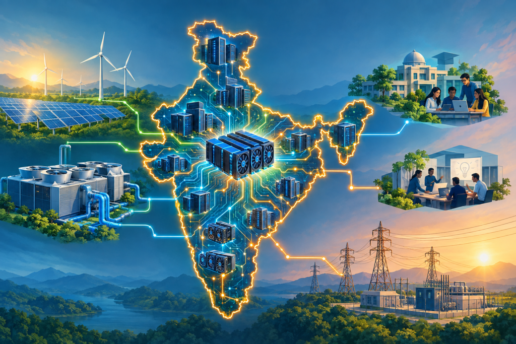 Conceptual illustration of GPU clusters, data centres, startups and research institutions connected across a digital map of India.