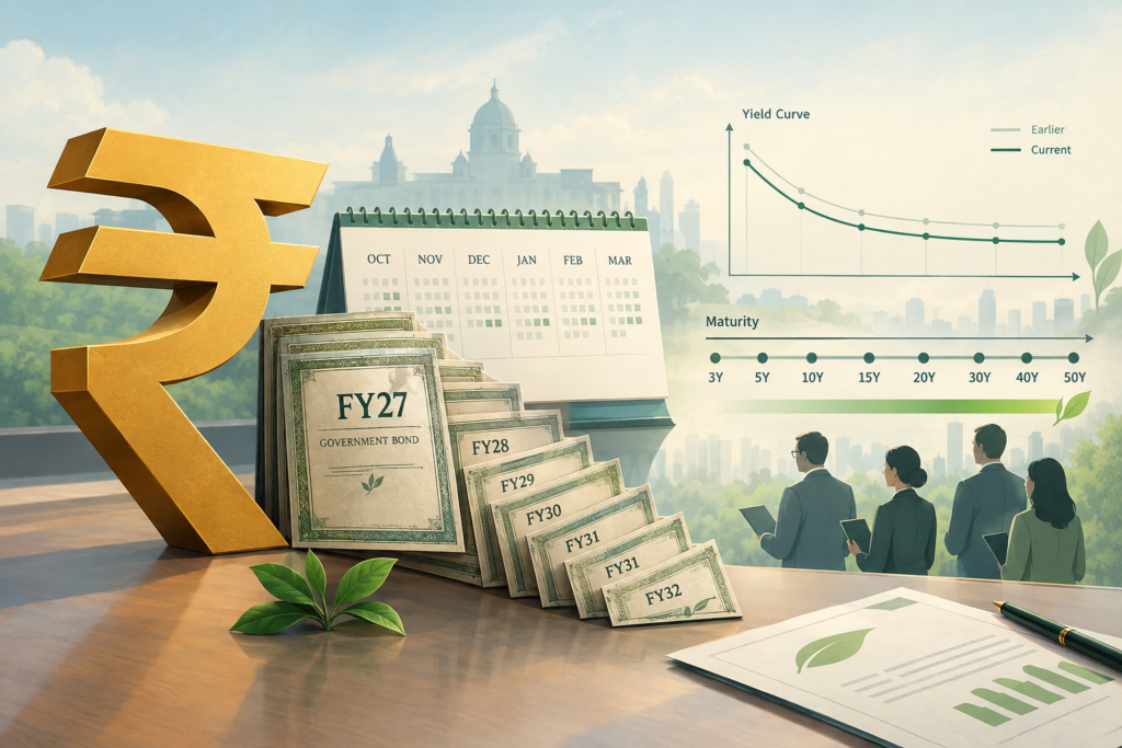 Illustration showing India’s revised FY27 government borrowing calendar, bond issuance and a potentially easing yield curve.
