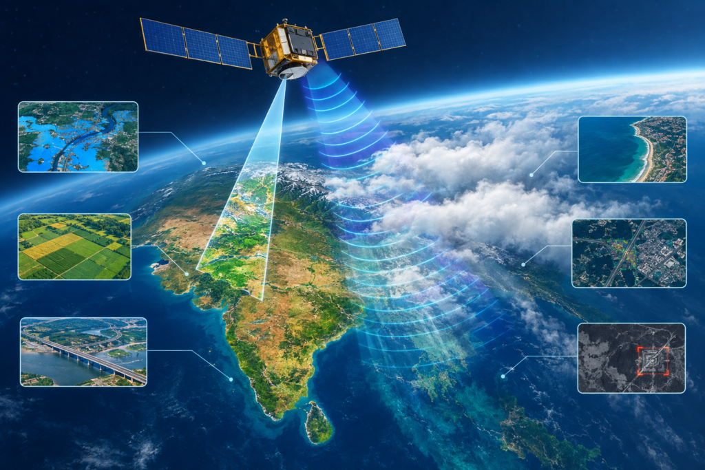 Conceptual illustration of a multisensor satellite using optical and radar instruments to observe India through cloud cover.