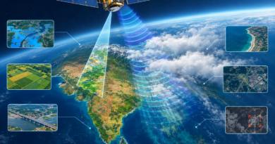 Conceptual illustration of a multisensor satellite using optical and radar instruments to observe India through cloud cover.