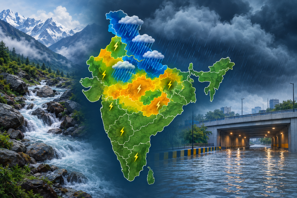 Illustrated map of India showing heavy rain, thunderstorms and possible flooding across northern and central regions.