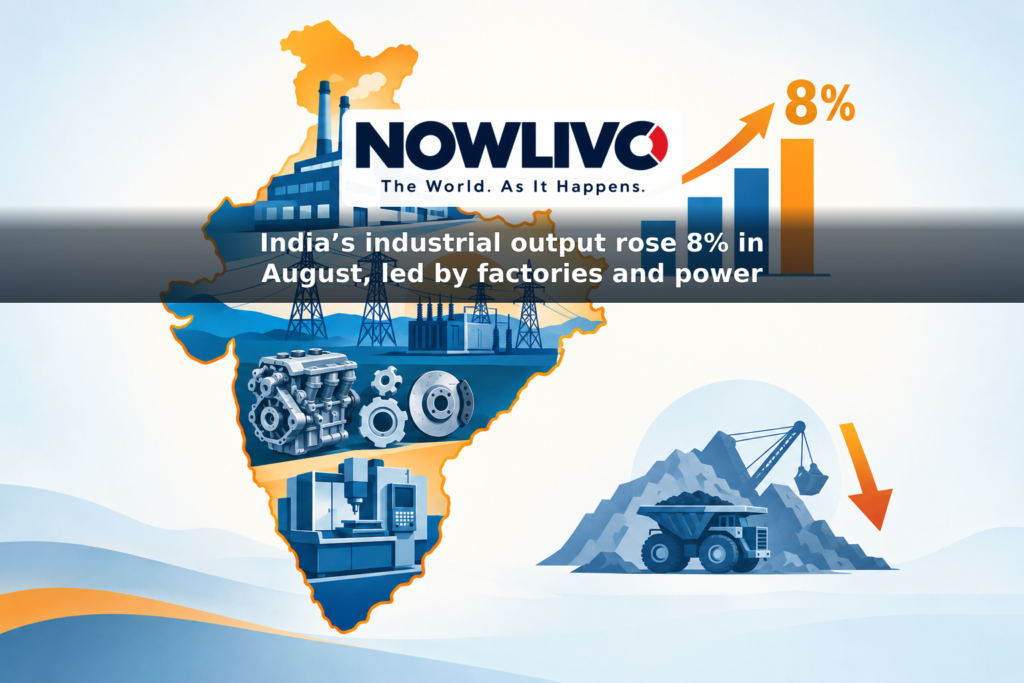Illustrated map of India with a factory, power grid and machinery beside an 8% growth bar, and a smaller downward arrow for mining.
