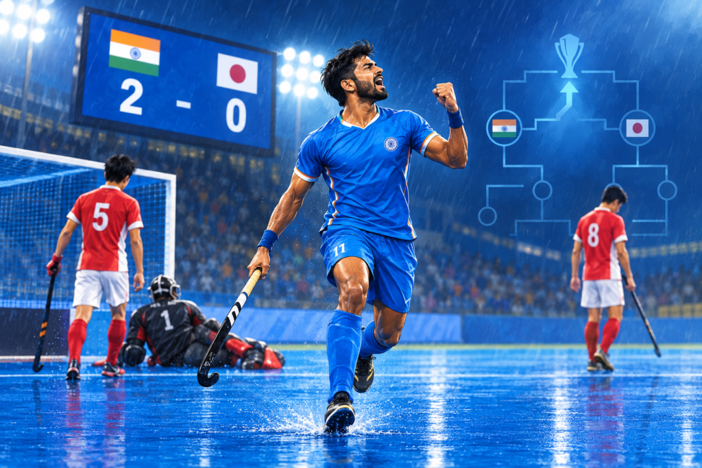 Editorial illustration of Indian hockey players celebrating a 2-0 victory over Japan on a rain-soaked pitch.