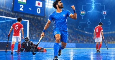 Editorial illustration of Indian hockey players celebrating a 2-0 victory over Japan on a rain-soaked pitch.