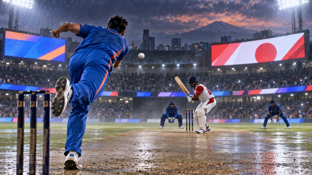 Editorial illustration of an anonymous cricket match between India and Japan in a rain-damp stadium