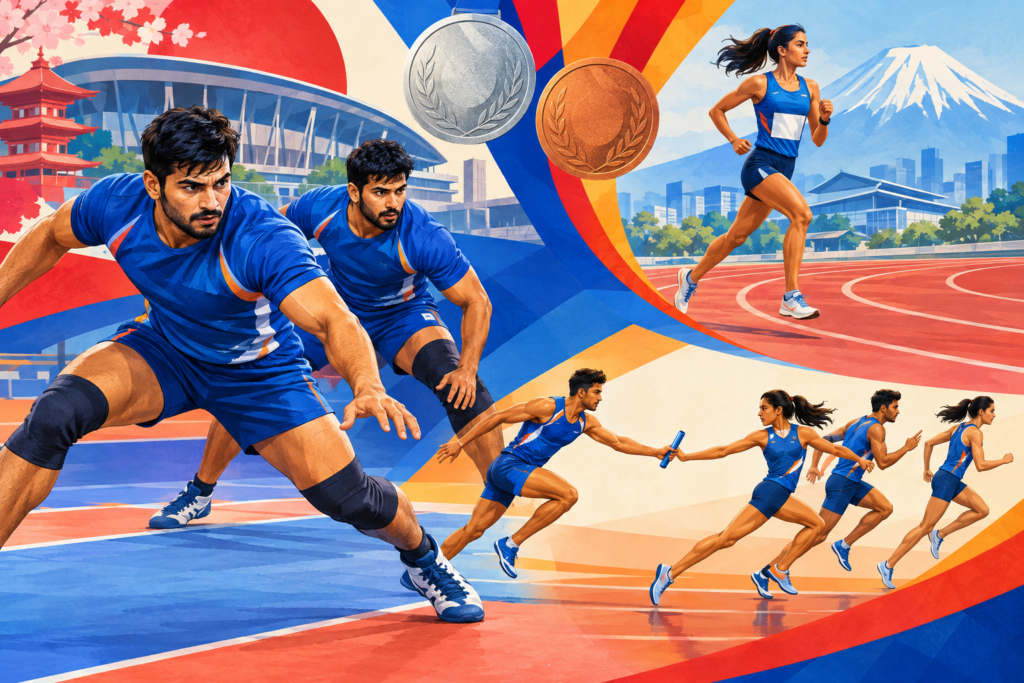 Editorial illustration of Indian kabaddi players, a distance runner and a mixed relay team representing India’s Asian Games medal campaign.