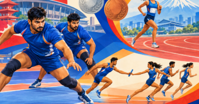 Editorial illustration of Indian kabaddi players, a distance runner and a mixed relay team representing India’s Asian Games medal campaign.
