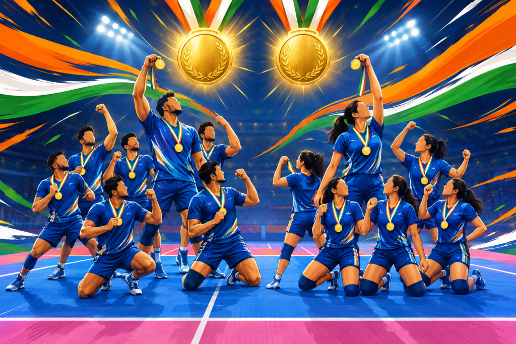 Editorial illustration of Indian men's and women's kabaddi players celebrating two Asian Games gold medals on a stylized court.