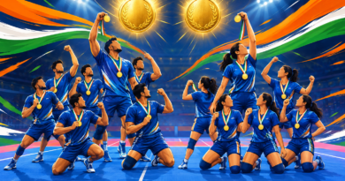 Editorial illustration of Indian men's and women's kabaddi players celebrating two Asian Games gold medals on a stylized court.