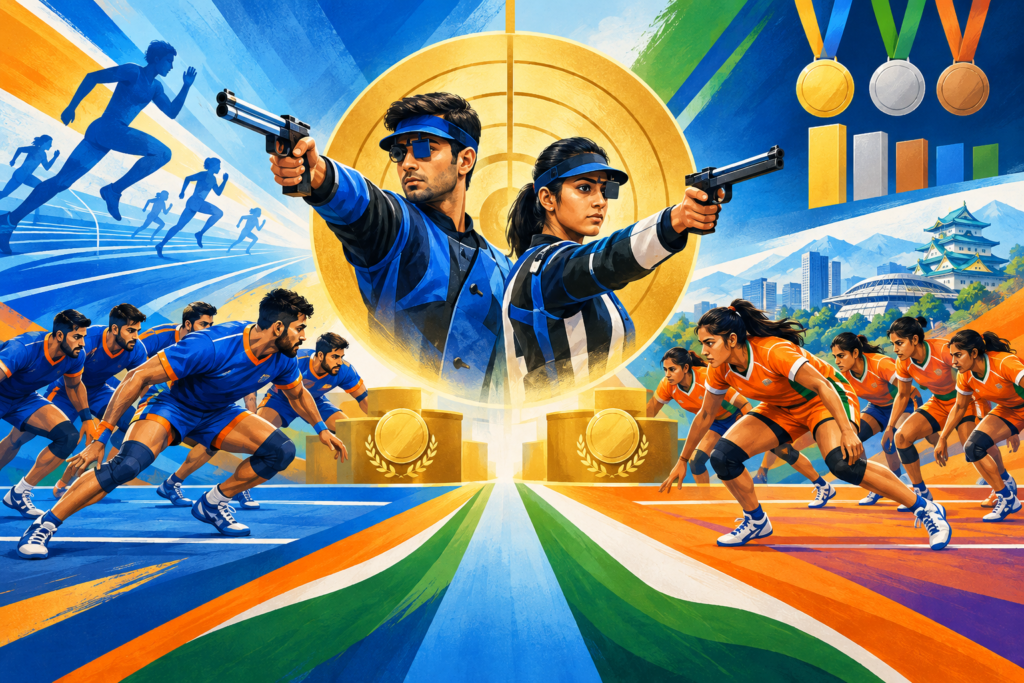 Editorial illustration showing Indian kabaddi teams reaching two finals alongside a mixed shooting pair and Asian Games medal symbols.