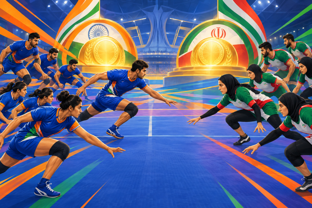 Conceptual illustration of India’s men’s and women’s kabaddi teams advancing toward separate gold-medal matches against Iran.