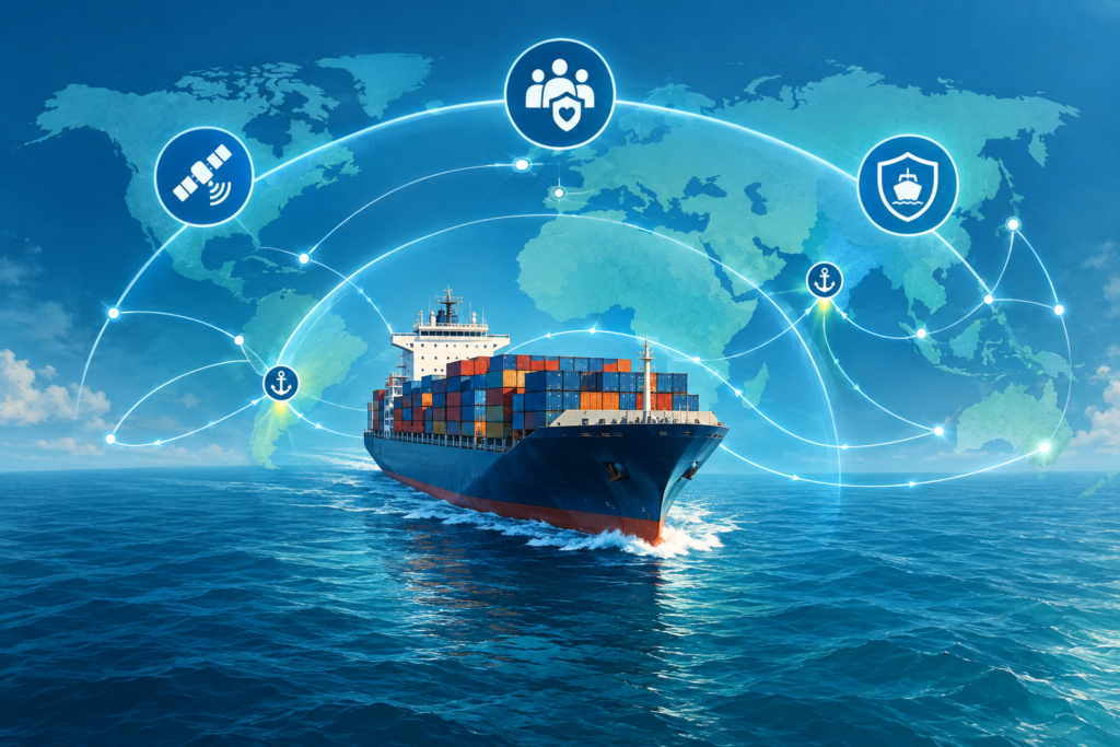 Conceptual illustration of a cargo ship protected by an international network linking India, Liberia and other maritime nations.