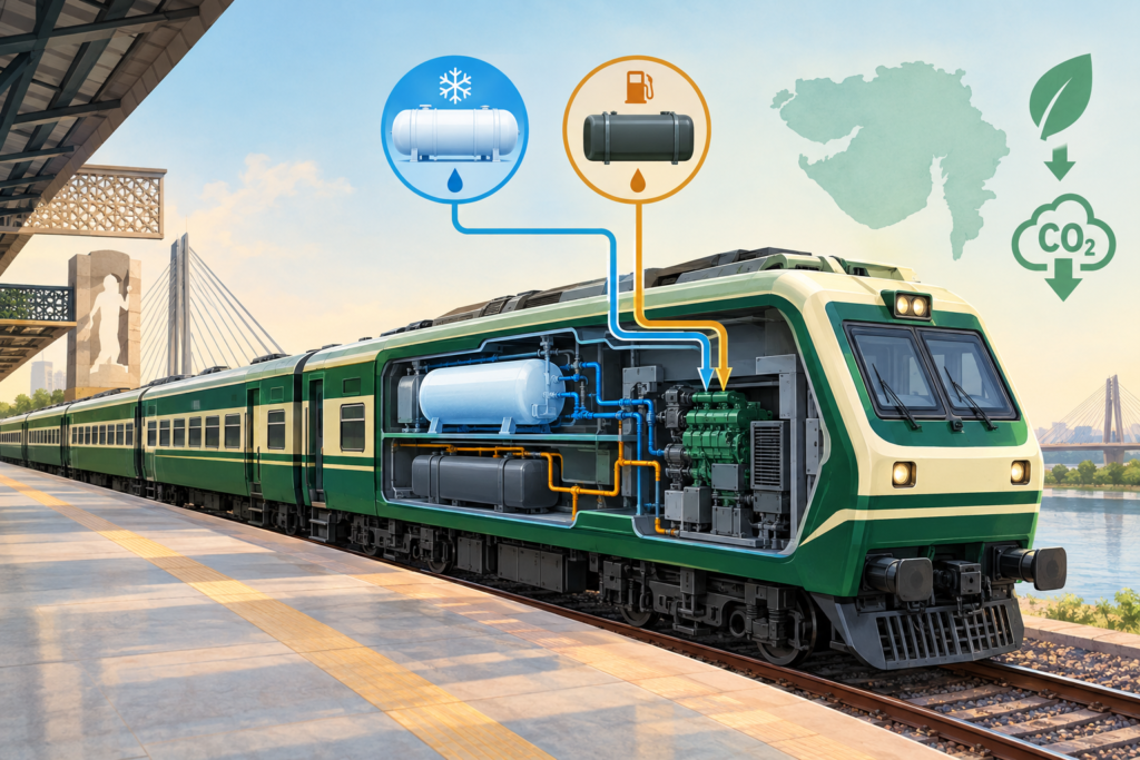Editorial illustration of an Indian DEMU train with a diagram showing LNG and diesel feeding its dual-fuel power system.