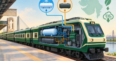Editorial illustration of an Indian DEMU train with a diagram showing LNG and diesel feeding its dual-fuel power system.
