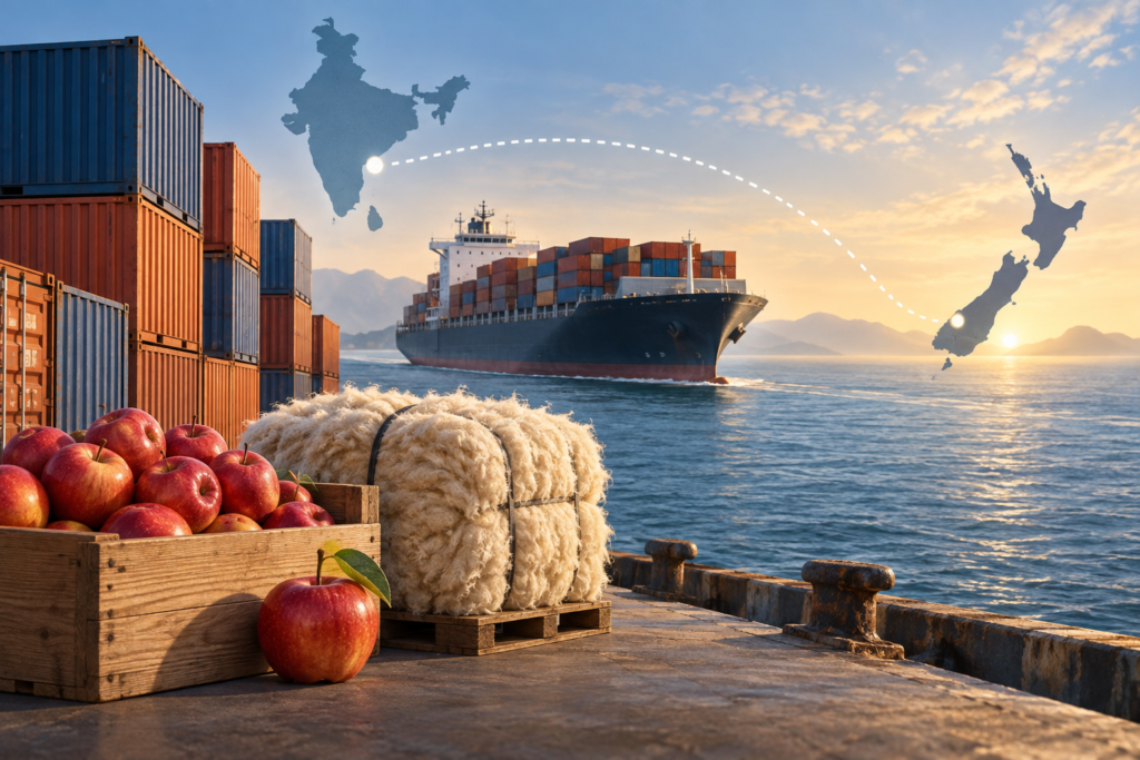 AI-created editorial illustration of a cargo ship, apples and wool representing India–New Zealand trade