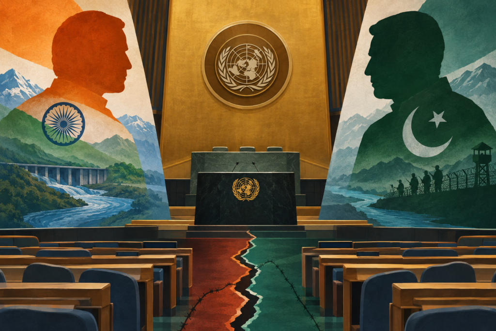 Conceptual illustration of India and Pakistan facing each other across a divided United Nations assembly chamber.